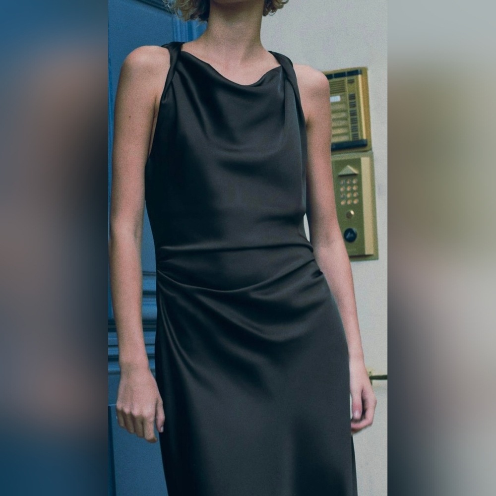 Zara Satin Effect Black Midi Sleeveless Dress - Picture 3 of 10